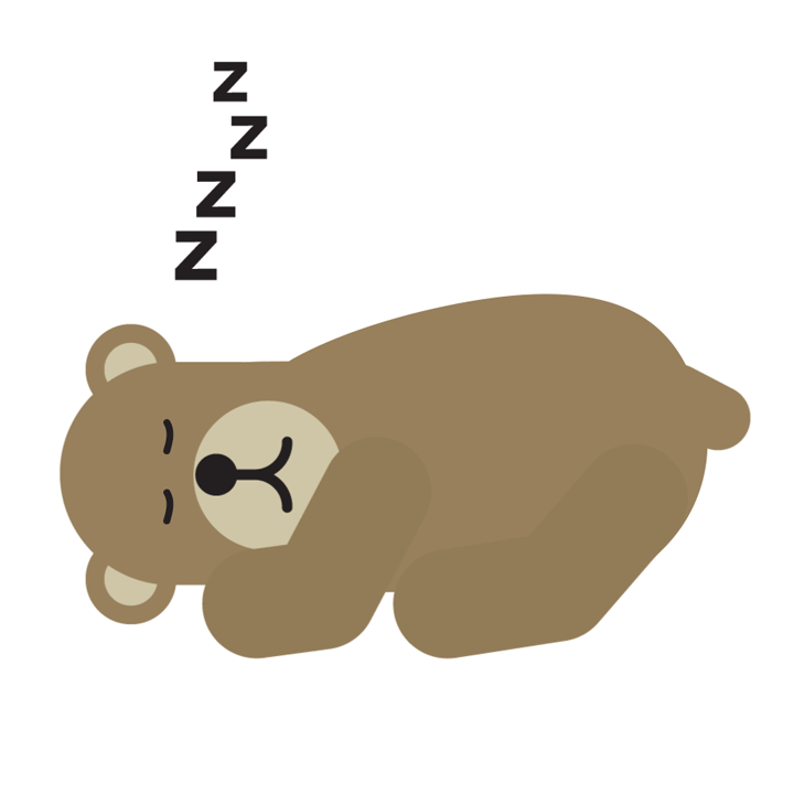 Um urso marrom adormecido com as patas dianteiras enfiadas sob a cabeça e uma linha de letras Z subindo de sua cabeça.