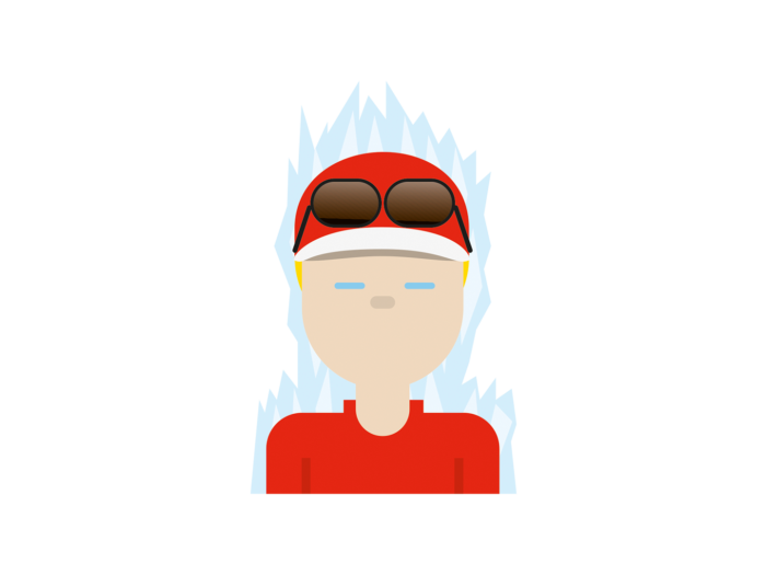 A cartoon version of Formula One driver Kimi Räikkönen wearing a red cap and shirt, flanked by light-blue shards of ice shaped like flames.