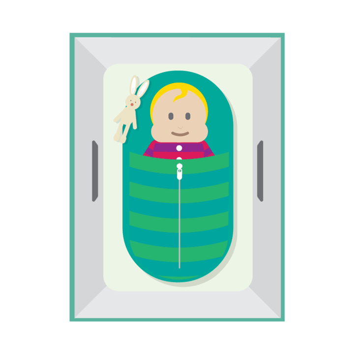 一个微笑的婴儿躺在新生儿大礼盒中的睡袋里，里面还有一个毛绒玩具兔子。