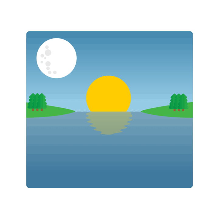 On voit un paysage lacustre avec la pleine lune dans le ciel et le soleil couchant ; le soleil se trouve légèrement au-dessus de l'horizon et se reflète sur l'eau.   