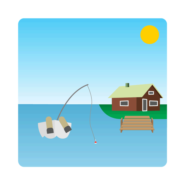 In a landscape with a lake, a red cabin and a dock, a person’s legs and a fishing rod dangle from a small boat, implying that the person is napping.