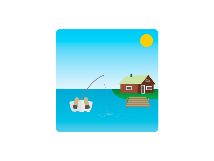 Uma paisagem com um lago, uma cabana vermelha e um píer, um barco no lago com as pernas de uma pessoa e uma vara de pescar pendurada nele.