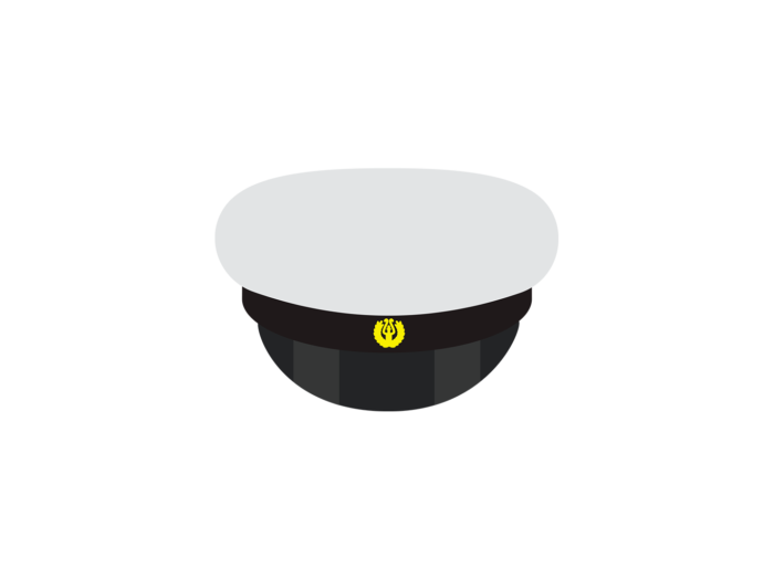 O quepe de formatura finlandês; um chapéu redondo branco com aba preta, com uma pequena decoração dourada e uma viseira estreita preta.