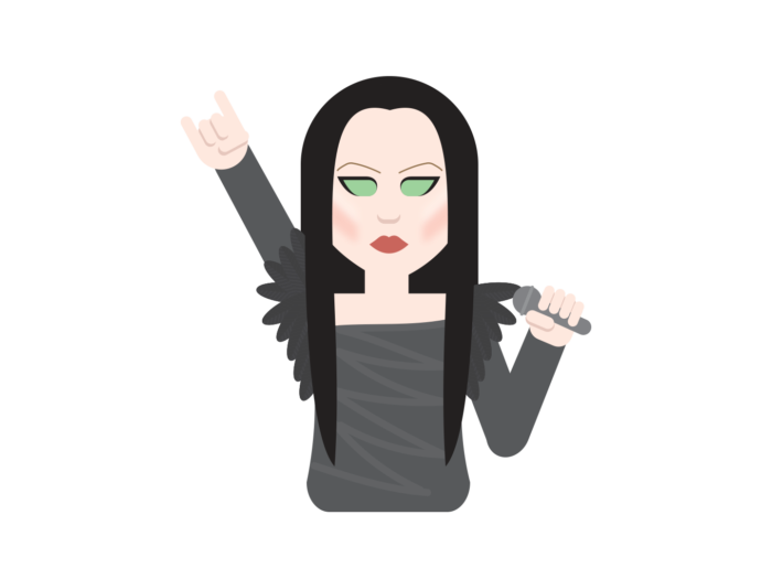 A cartoon version of singer Tarja Turunen holds a microphone in one hand and makes the sign of the horns with the other hand.