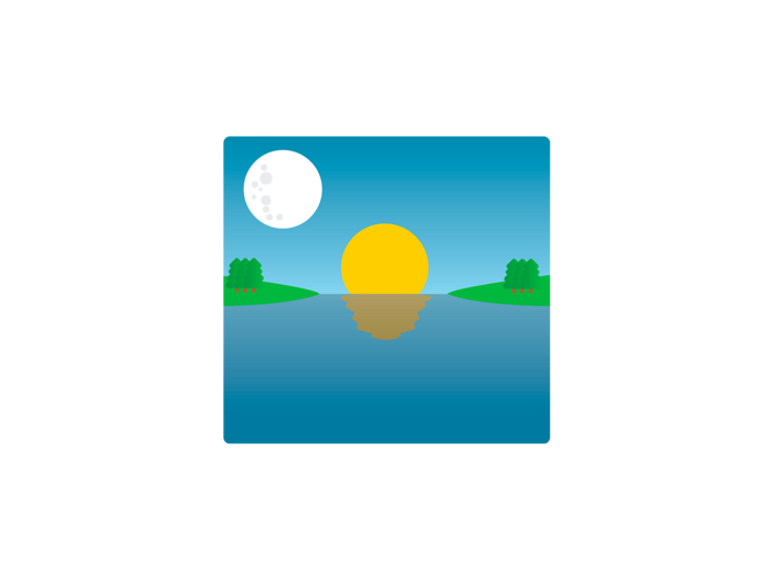 In a landscape with a lake and some forest, the sky has both a full moon and a yellow sun, the sun low on the horizon and reflected in the water.