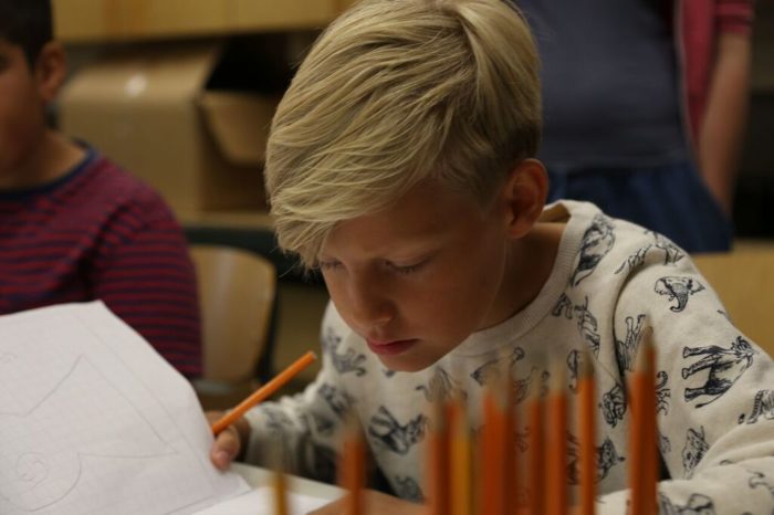 A concentrated-looking boy studying his notebook; a row of pencils set upright in front of him. 