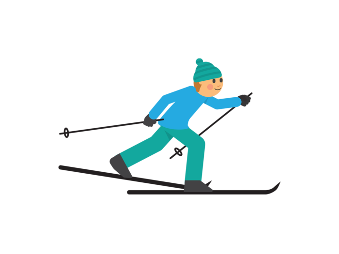 A smiling rosy-cheeked person is cross-country skiing in a green beanie and trousers and a blue shirt.