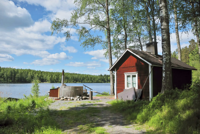 There are a small red wooden cabin and a hot tub among several birch trees. In the background, there is a lake.