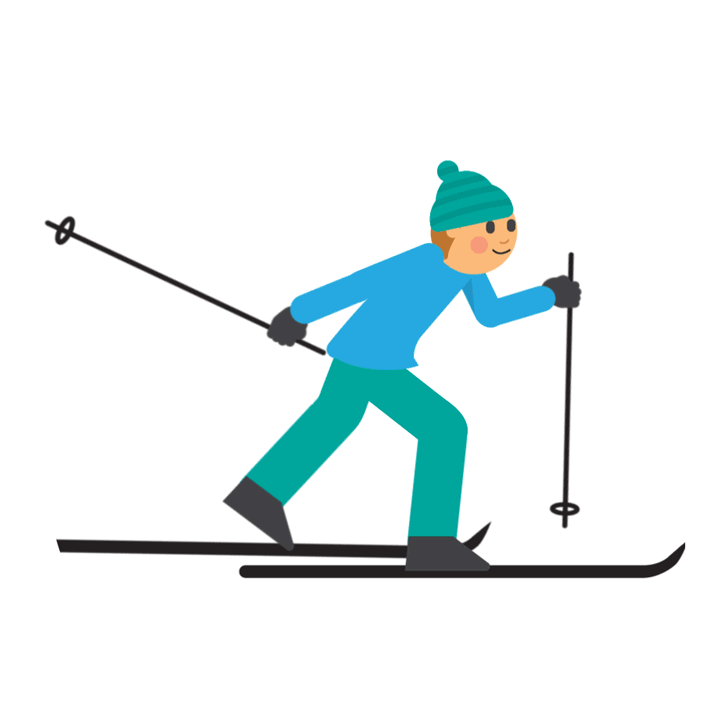 Une personne tout sourire et aux joues roses, vêtue d'un bonnet vert, d'un pantalon et d'un anorak bleus, fait du ski de fond.  