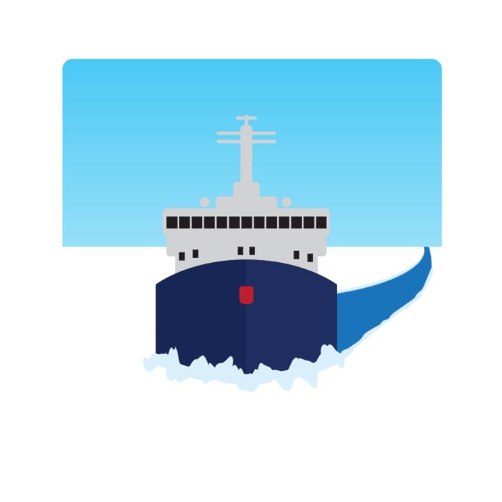 An icebreaker ship makes its way through sea ice, with a cleared lane of water behind the ship.