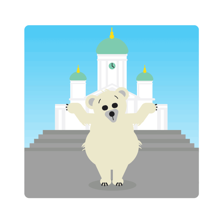 Um urso polar com aparência confusa, encolhendo os ombros, em pé nas patas traseiras, com a Catedral de Helsinque ao fundo.