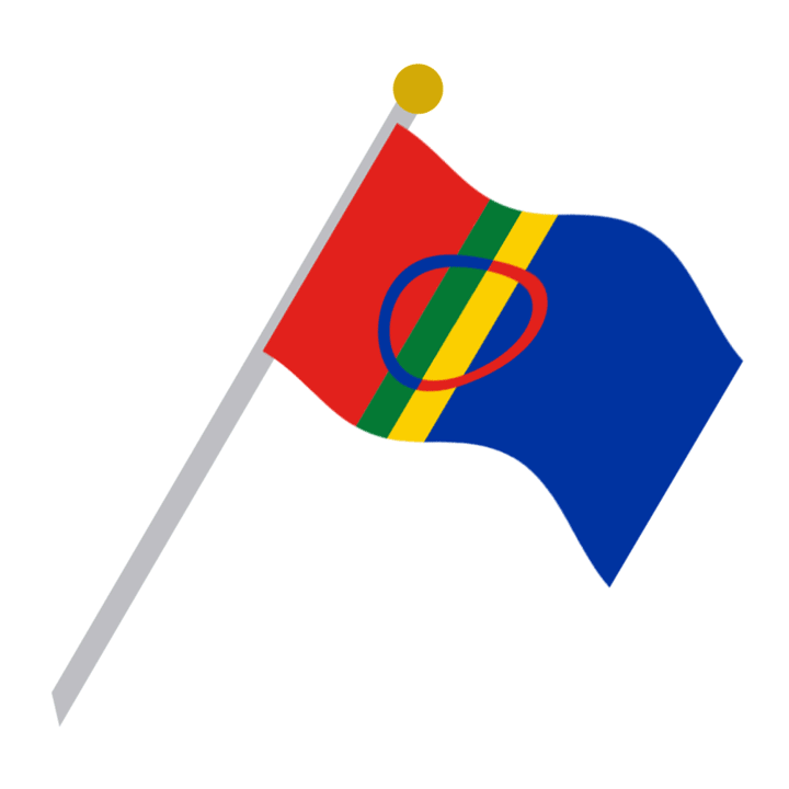 Un drapeau sámi flotte au vent ;  le motif du drapeau consiste en une colonne rouge et bleue, une bande verticale verte et jaune au milieu et un cercle bleu et rouge en son sommet.