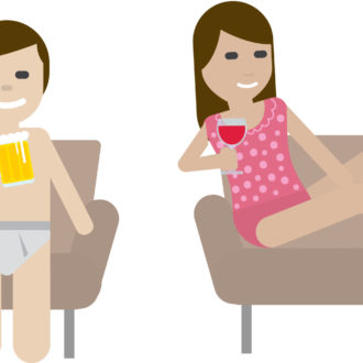 The "kalsarikännit" emoji; Underwear-clad smiling man and woman sitting in armchairs, the man holding a pint of beer and the woman a glass of red wine.