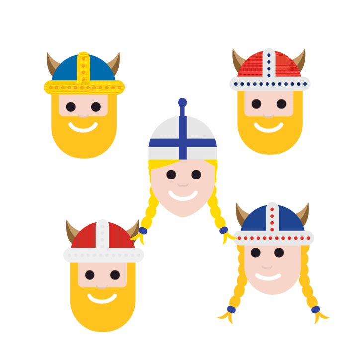 Five smiling people's faces: The one in the middle is wearing a beanie in Finnish blue and white, and the others are wearing Viking helmets with horns. The helmets are decorated in the colours of the flags of the other Nordic countries: Sweden, Denmark, Norway and Iceland.