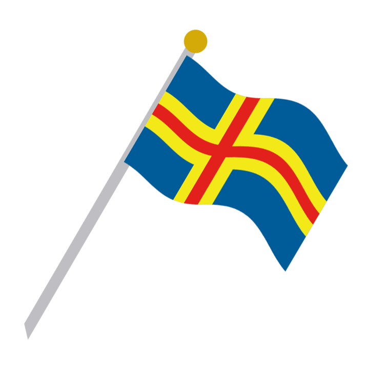 Uma bandeira hasteada de Åland; a bandeira tem uma cruz vermelha contornada em amarelo, sobre um fundo azul.