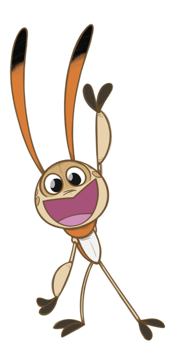 An excited-looking cartoon bug with long antennas.