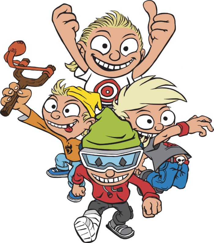 Cartoon image of four mischievous-looking boys of which one has only one thumb.