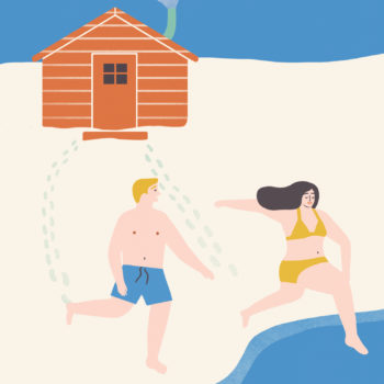 An illustration of two people dressed in swimwear running on snow from a small wooden sauna to a lake.