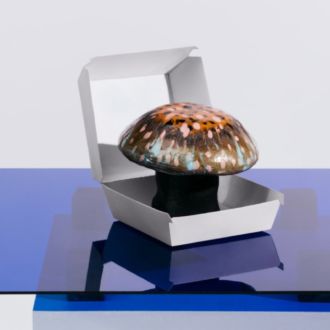 A ceramic mushroom in a takeaway box on a blue glass table.