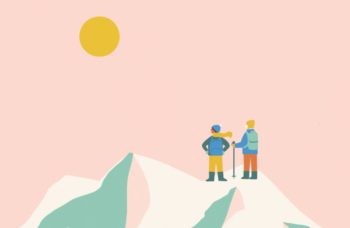 An illustration of two people standing on a mountain peak.
