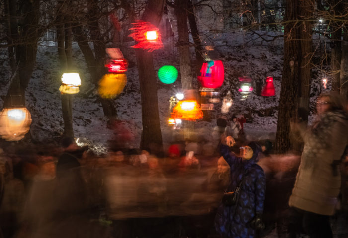 Children admiring lanterns hanging from tree branches.