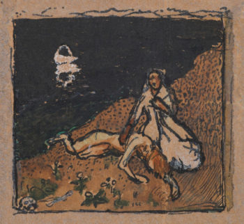 A painting of an elderly woman sitting next to her adult son's corpse by a dark river.
