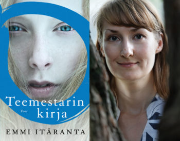 The cover of Emmi Itäranta's book Memory of Water and a portrait of the author pictured between tree branches.