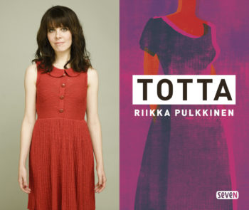 Portrait of author Riikka Pulkkinen wearing a red dress and the cover of her book True.