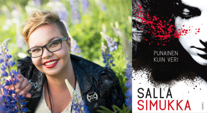 Portrait of a smiling author Salla Simukka pictured amidst flowers and the cover of her book As Red as Blood.