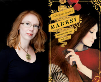 Portrait of author Maria Turtschaninoff against a black background and the cover of her book Maresi.