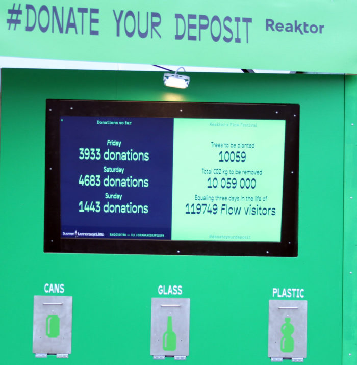 A green wall contains hatches for returning cans, glass and plastic.