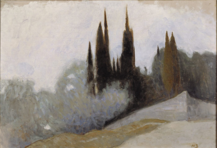 Uma pintura mostra árvores altas em silhueta na encosta de uma colina.
