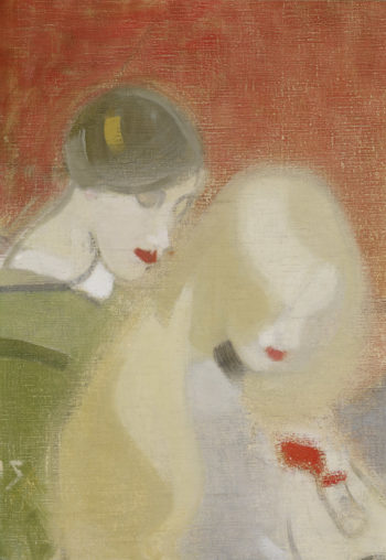 A painting portrays two fashionably dressed women from the early 1900s, one with a hat on.