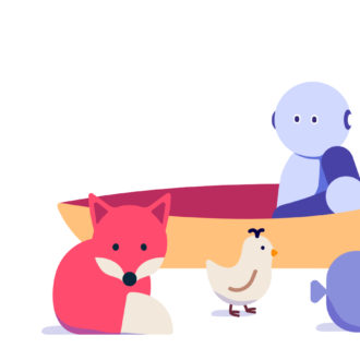 Ilustração de desenho animado, em que um robô está sentado em um barco e, em frente ao barco, há uma raposa, uma galinha e uma sacola.
