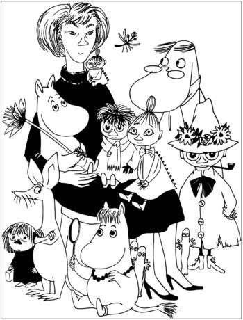 Una mujer está sentada en el centro de la imagen, rodeada de varios personajes de los Mumin.