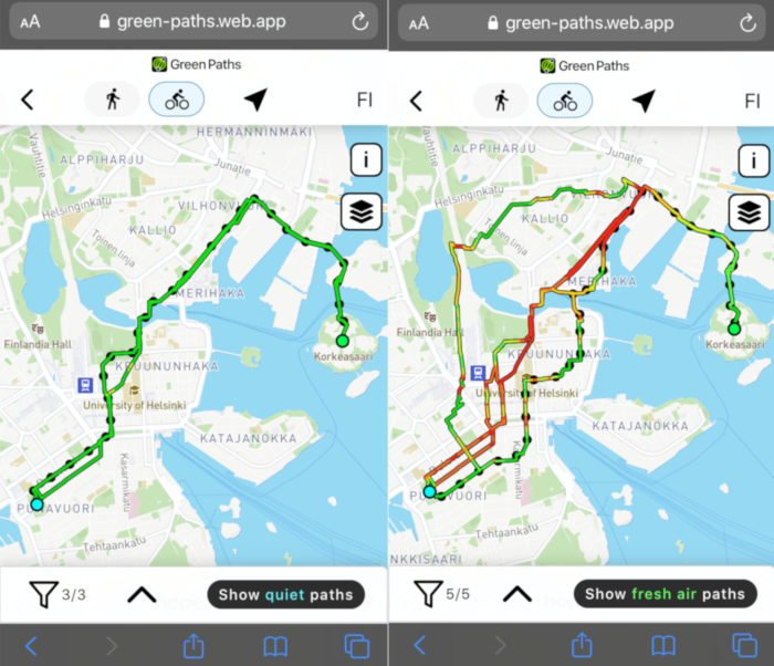 На двух скриншотах с смартфона, карты Хельсинки с цветными линиями и точками, изображающими велосипедные маршруты.
