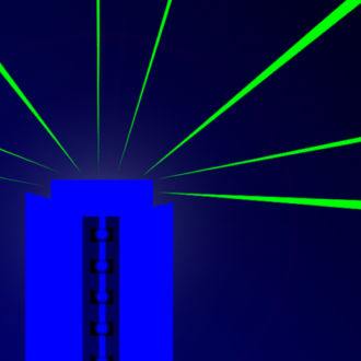 An illustration shows a tower projecting green beams of light over a dark background