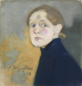 In a painting, a woman’s head and gaze are turned towards the viewer.