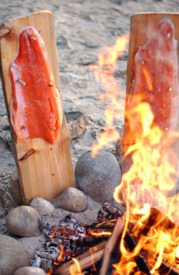 Two boards holding fish filets are next to a campfire.