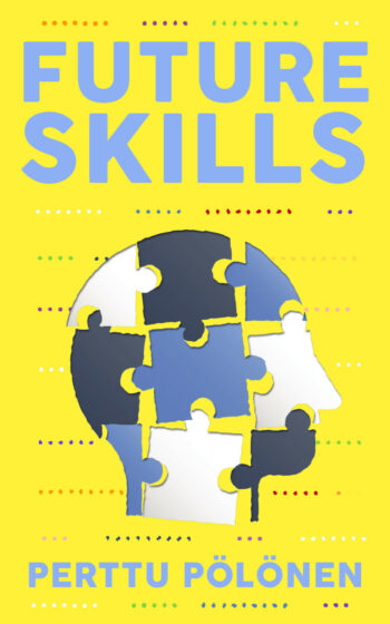 The cover illustration of the book Future Skills, with a drawing of a human head that is made up of jigsaw puzzle pieces of various colours.