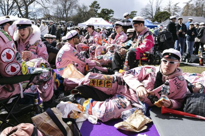 Полдюжины людей в розовых комбинезонах и белых фуражках, расположились на пикнике в парке, в котором помимо них также видны другие группы на праздничных пикниках. 