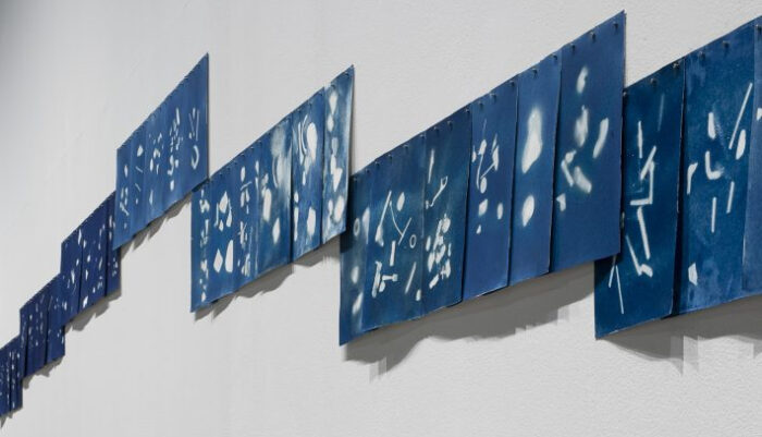مجموعات مكونة من ثلاث إلى خمس أوراق معلقة على الجدار. تظهر كل ورقة باللون الأزرق الداكن باستثناء مزيج من الأشكال باللون الأبيض.