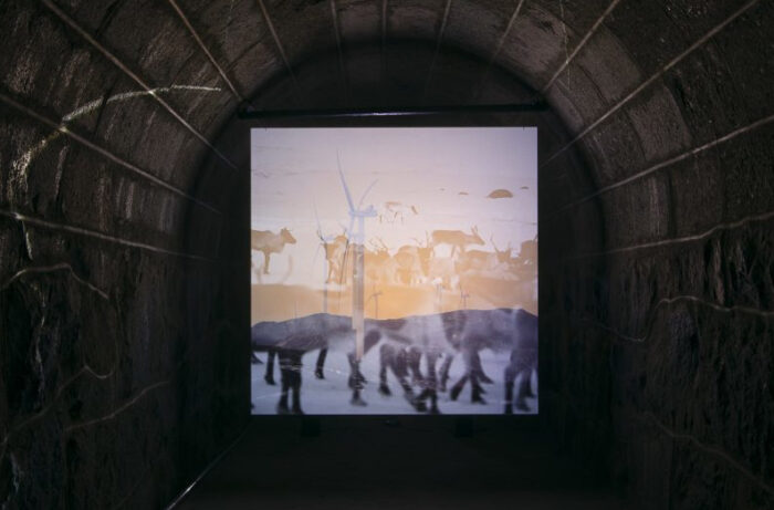Uma tela quadrada mostra duas imagens ao mesmo tempo: um moinho de vento e um grupo de renas.