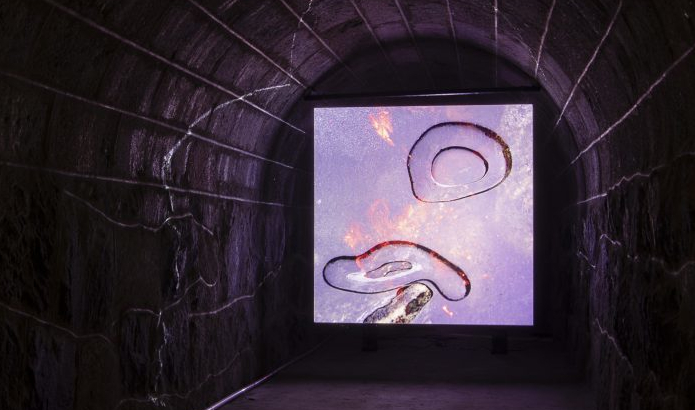 Una pantalla cuadrada muestra al mismo tiempo las imágenes de las brasas de una hoguera y unas bolsas de aire bajo el hielo.