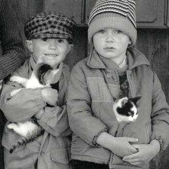 四个男孩排成一排站在墙前，其中三人手里都抱着小猫。