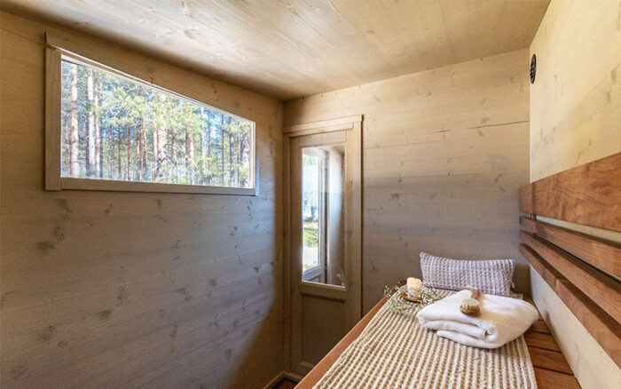 A wood-panelled sauna with a window view of a forest.