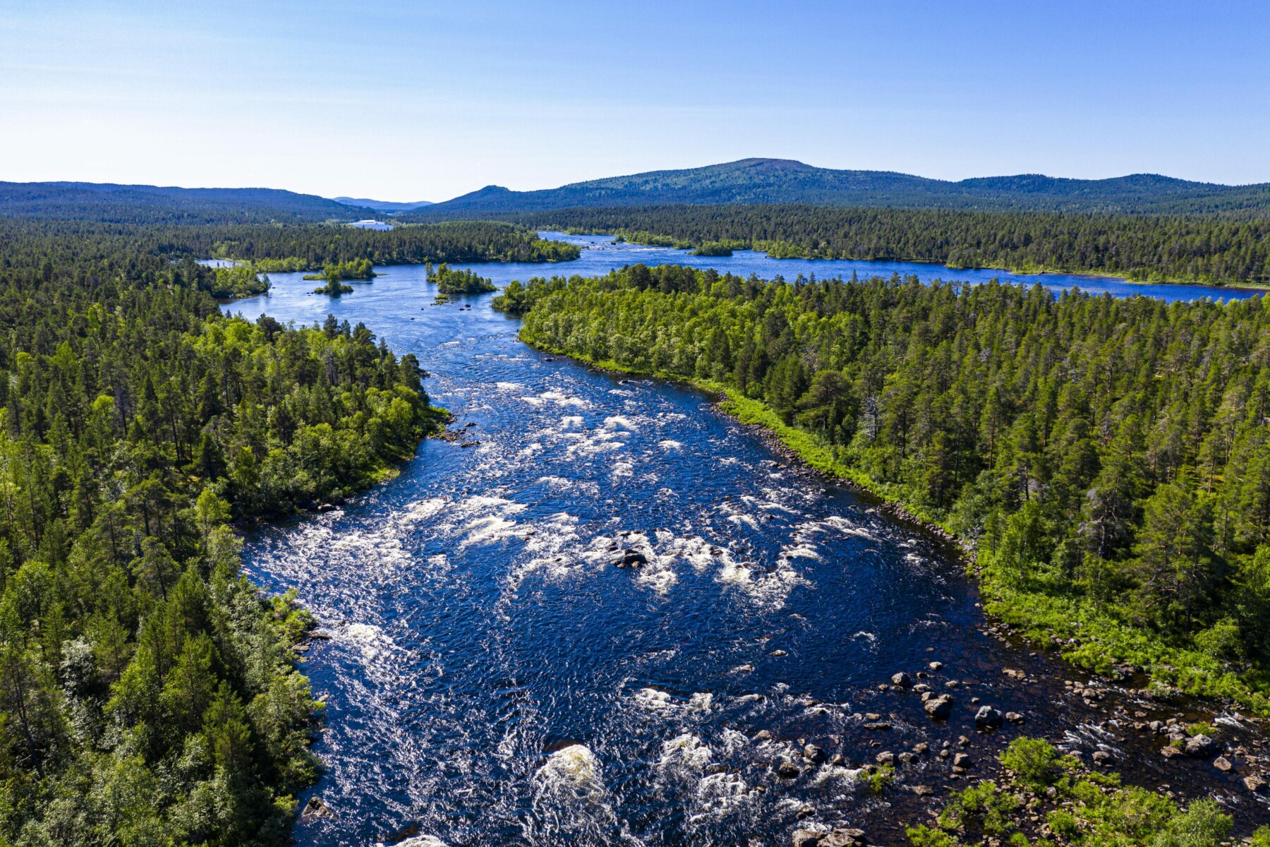 In an aerial photo, a large river flows through a forested landscape with mountains in the background.