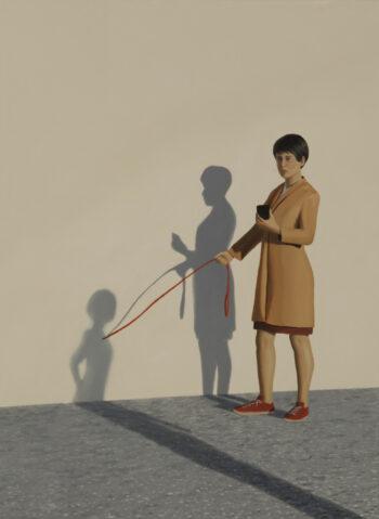A painting shows a woman in front of a wall, with a dog leash in her hand – there is no dog, but the leash seems to be attached to the neck of a human shadow on the wall.