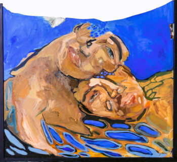 A painting shows two people’s heads and shoulders, with the heads resting on each other, on a bright blue background.