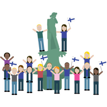 An illustration shows the silhouette of a statue and a group of people cheering and waving flags.